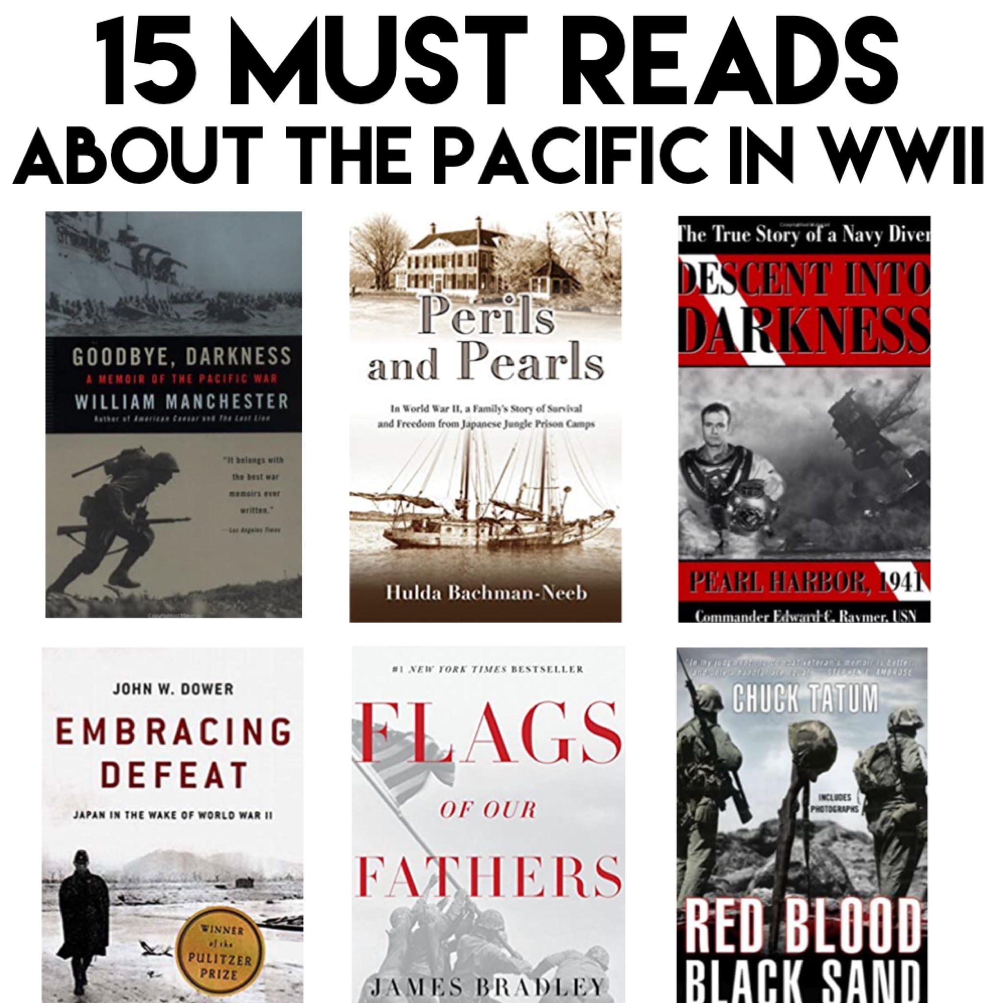 This book list covers the Pacific Theater during World War Two, which was a major area of combat. There were many historic battles that took place, and many war heroes that emerged. This book list about WWII also includes books on Japan, and the way the war impacted that country as a whole. In this post, you'll find books that cover Iwo Jima, Peleliu, Guadalcanal, Pearl Harbor, Doolittle's raids and more. #wwiibooks #booklists #militaryhistory #pearlharbor #bestbooks